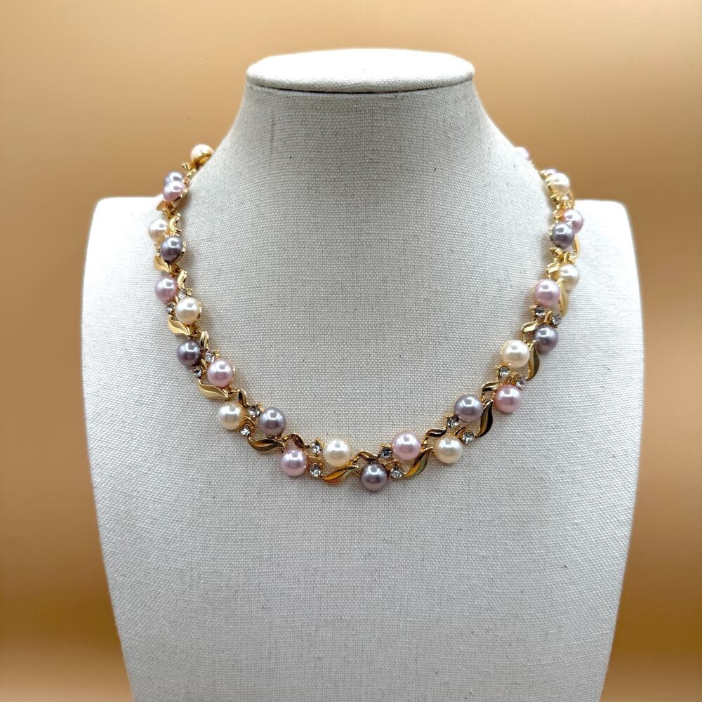 Pastel Faux Pearl Rhinestone Gold Tone Leaf Necklace Coquette Statement Gift